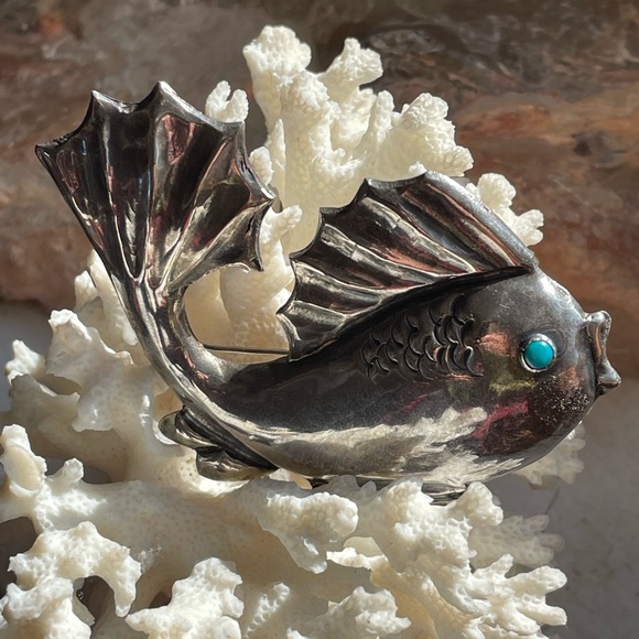 Antique Mexican signed turquoise silver sea creature brooch - Picture 3 of 7